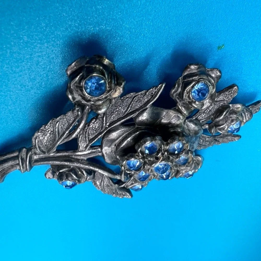 Vintage Little Nemo Pot Metal Brooch Large Blue Rhinestones Floral ‎ 3.25